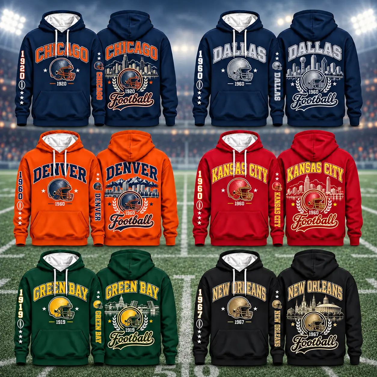 City Football Retro Graphic Hoodie, Game Day Sports Pullover, Helmet Skyline Design Hooded Sweatshirt For Fans, Unique Sports Gift For Football Fans # FanHoodie # FootballGameFit # RetroGraphicSweatshirt