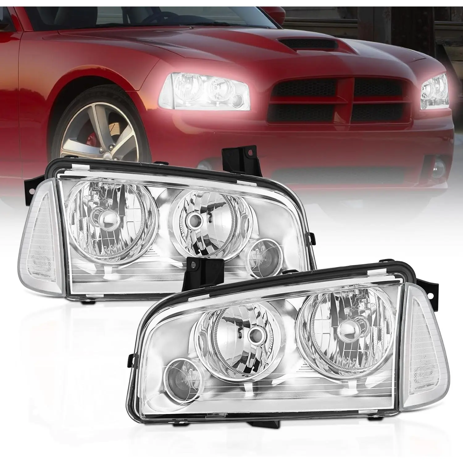 Nilight Headlight Assembly Compatible with 2006 2007 2008 2009 2010 Dodge Charger Chrome Housing Clear Reflector Lens Headlights Replacement Bumper Lamp Set Driver and Passenger Side