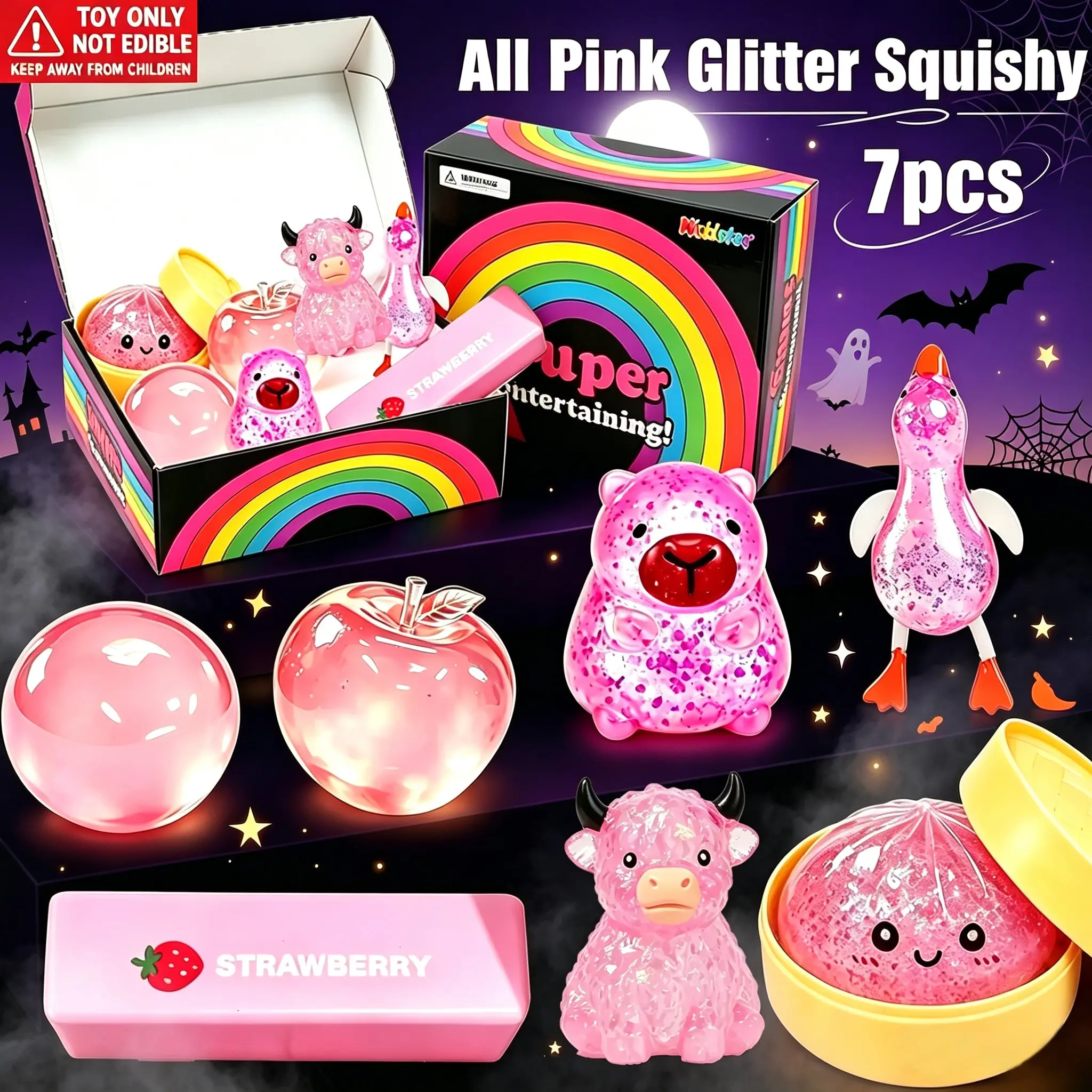 Satisfying Squeeze ASMR | All Pink Glitter Squishy 7 Pack Stress Toys
