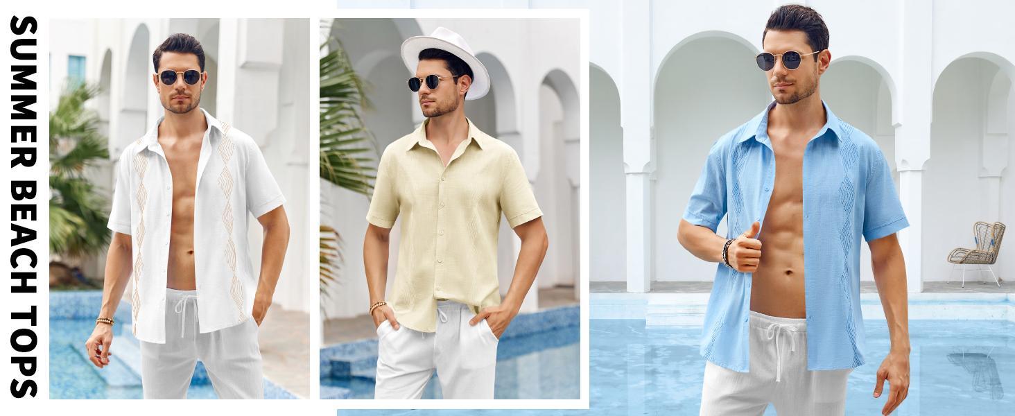 PASLTER  Men Cuban Guayabera Shirts Linen Short Sleeve Button Down Cotton Mexican Beach Wedding Shirt Casual Kurta Menswear