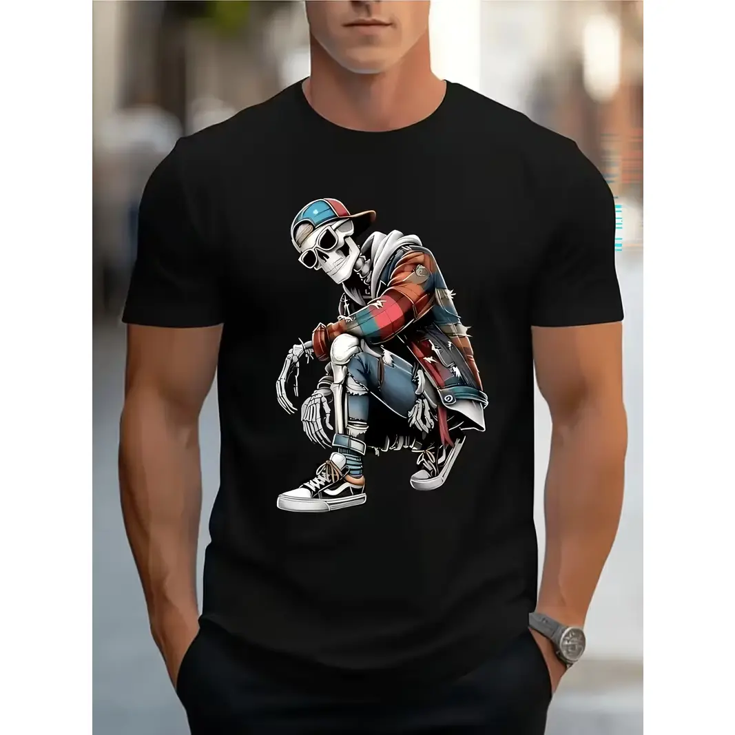 Hip Hop Squat Skeleton Streetwear Cartoon Graphic Cotton Oversized T Shirt, Comfort Cool Fashion Outfit, Trendy Halloween Tee, Perfect Valentine Gift For Him Her, Best Birthday Holiday Present For Skater Friends