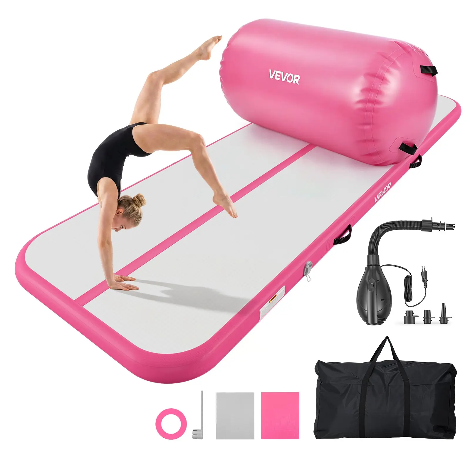 VEVOR Inflatable Gymnastics Air Mat Tumbling Equipment - 10ft Length, 4in Thick Sturdy Track, Air Barrel, Electric Pump for Home/Gym Use, Pink Mat (ToolUpgrade)