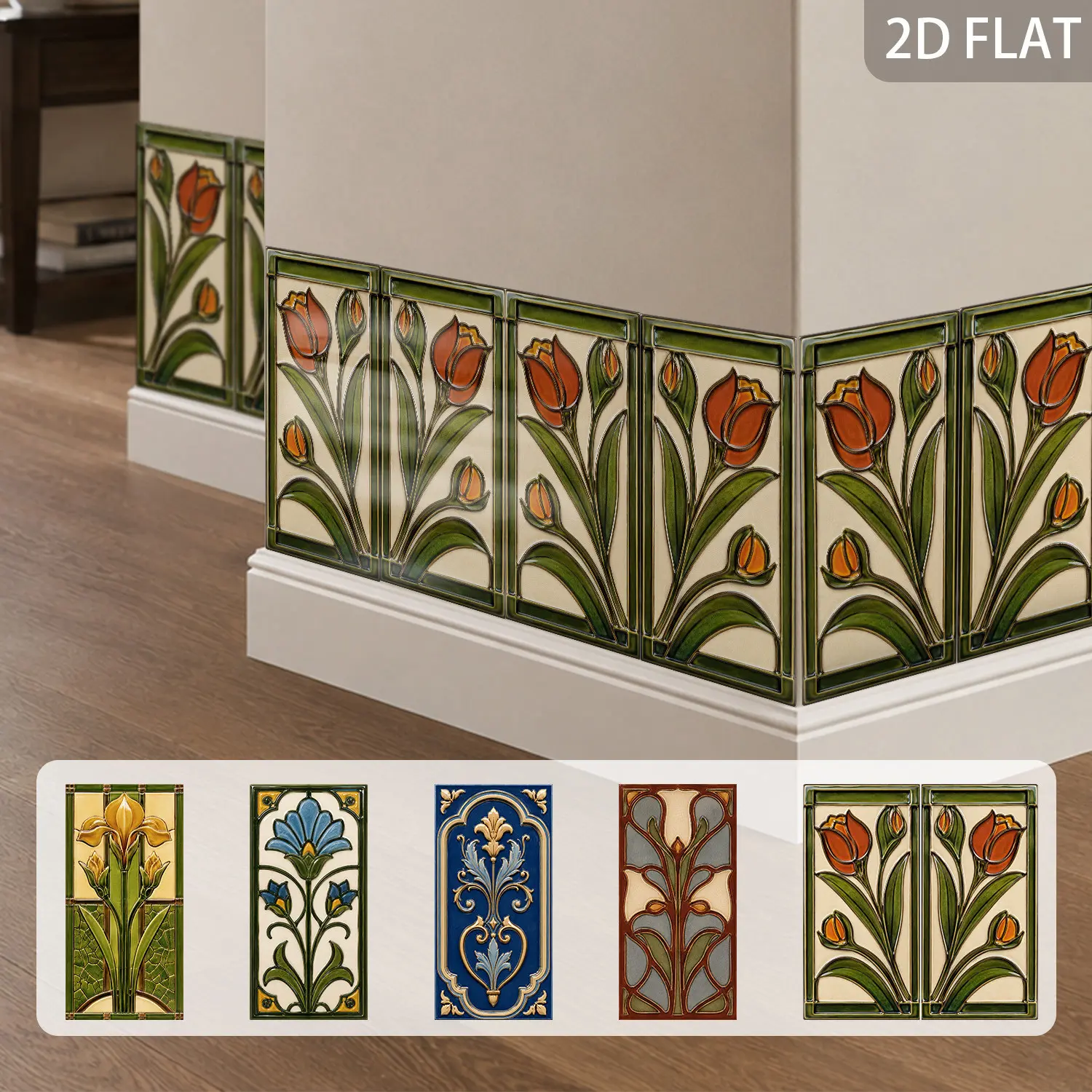 Tile Border Stickers for Kitchen Backsplash, Waterproof Peel and Stick Decor, Retro Floral Pattern, Faux Glaze Finish, Waistline Decoration, Wall Decals