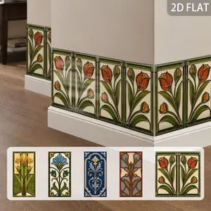 Tile Border Stickers for Kitchen Backsplash, Waterproof Peel and Stick Decor, Retro Floral Pattern, Faux Glaze Finish, Waistline Decoration
