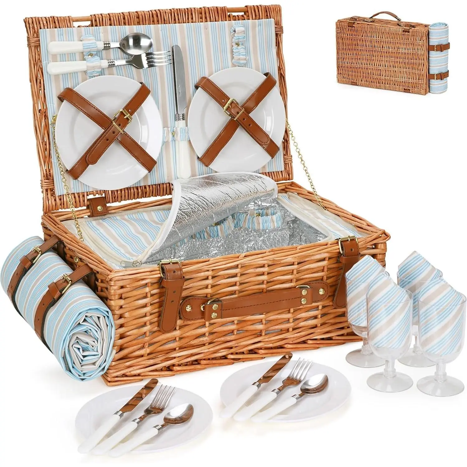 Classical Brown Willow Wood Wicker Picnic Basket Set for 4 Persons - Large Hamper with Insulated Cooler Comp., Waterproof Blanket, Includes Utensils for Outdoor Events