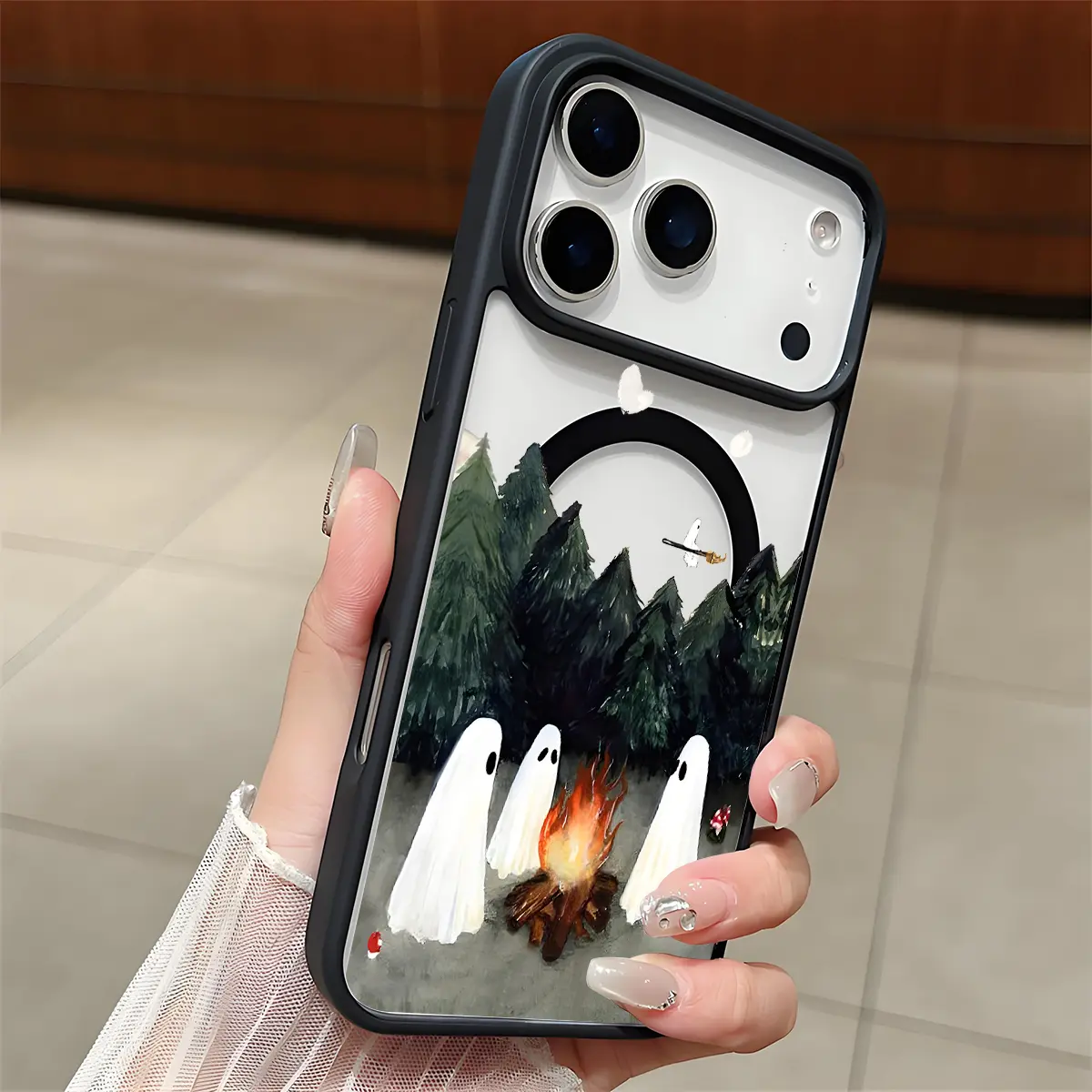 Ghosts' Campfire Gathering Pattern Clear Magnetic Phone Case , Compatible with MagSafe Silicone Bumper Protective Cover For iPhone X XS 11 12 13 14 15 16 17 Pro Max Plus Air, Halloween