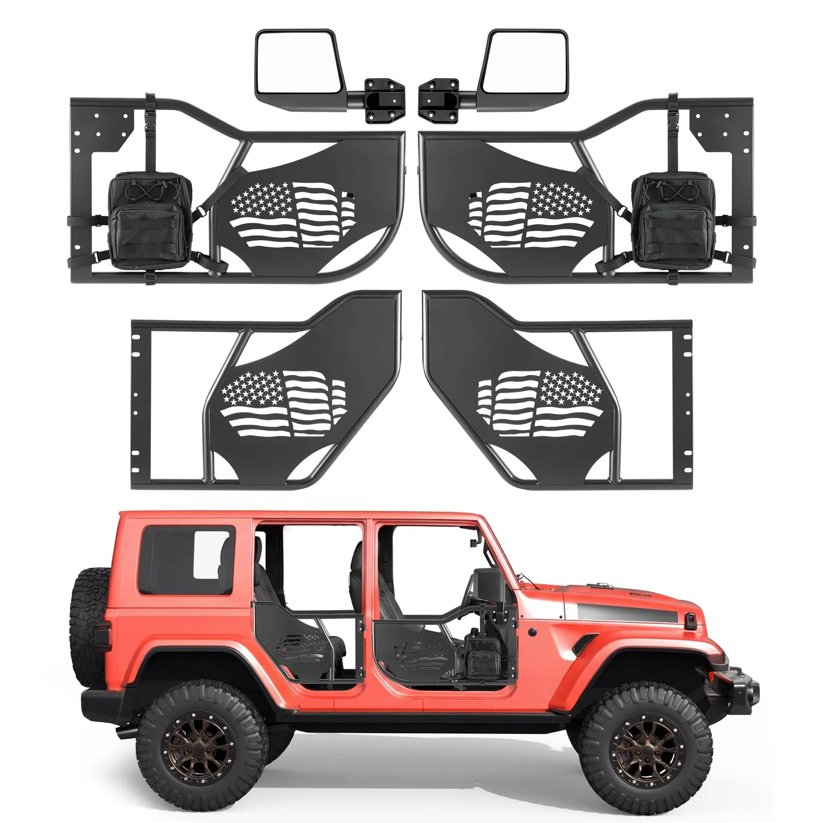 【DealsForYouDays】VEVOR Jeep Tube Doors, 4-Door, Fit for 2018-2026 Jeep Wrangler JL 2020-2026 Gladiator JT, Flag Pattern Off Road Front Rear Tubular Half Doors with DOT Certified Side View Mirrors and Storage Bag