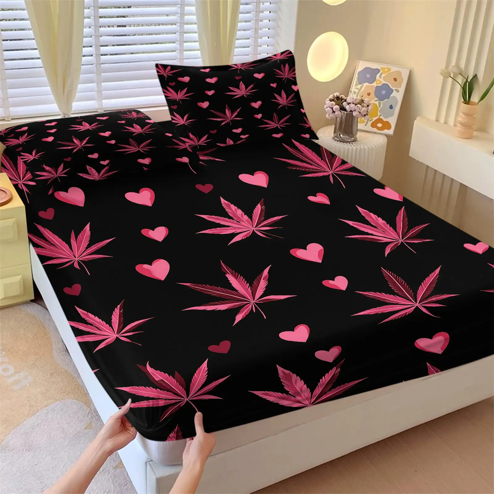 3PCS Black Base Pink Art Leaf Heart Fitted Sheet Set (1 Fitted Sheet + 2 Pillowcases),Soft Breathable Fabric,Deep Pocket Anti-Slip Design,HD Digital Printing,Sweet Cool Aesthetic All Season Bedding,Trendy Bedroom Vibes