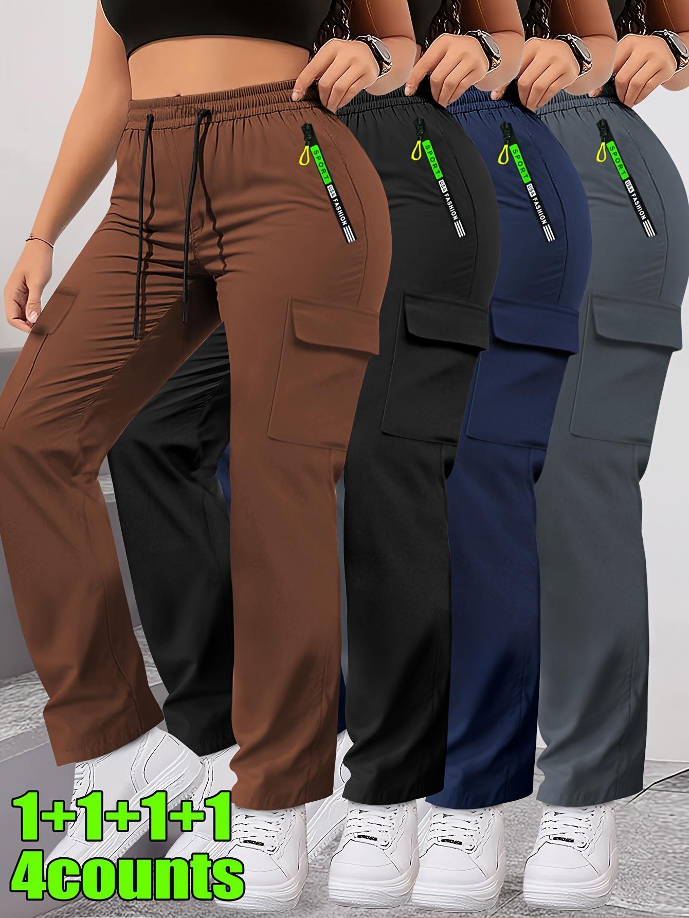 4pcs Women's Zipper Pocket Cargo Pants, Women's Elastic Waist Hiking Trousers, Women's Multi-Pocket Casual Cargo Pants, Women's Lightweight Outdoor Cargo Pants, Women's Plus Size Cargo Pants