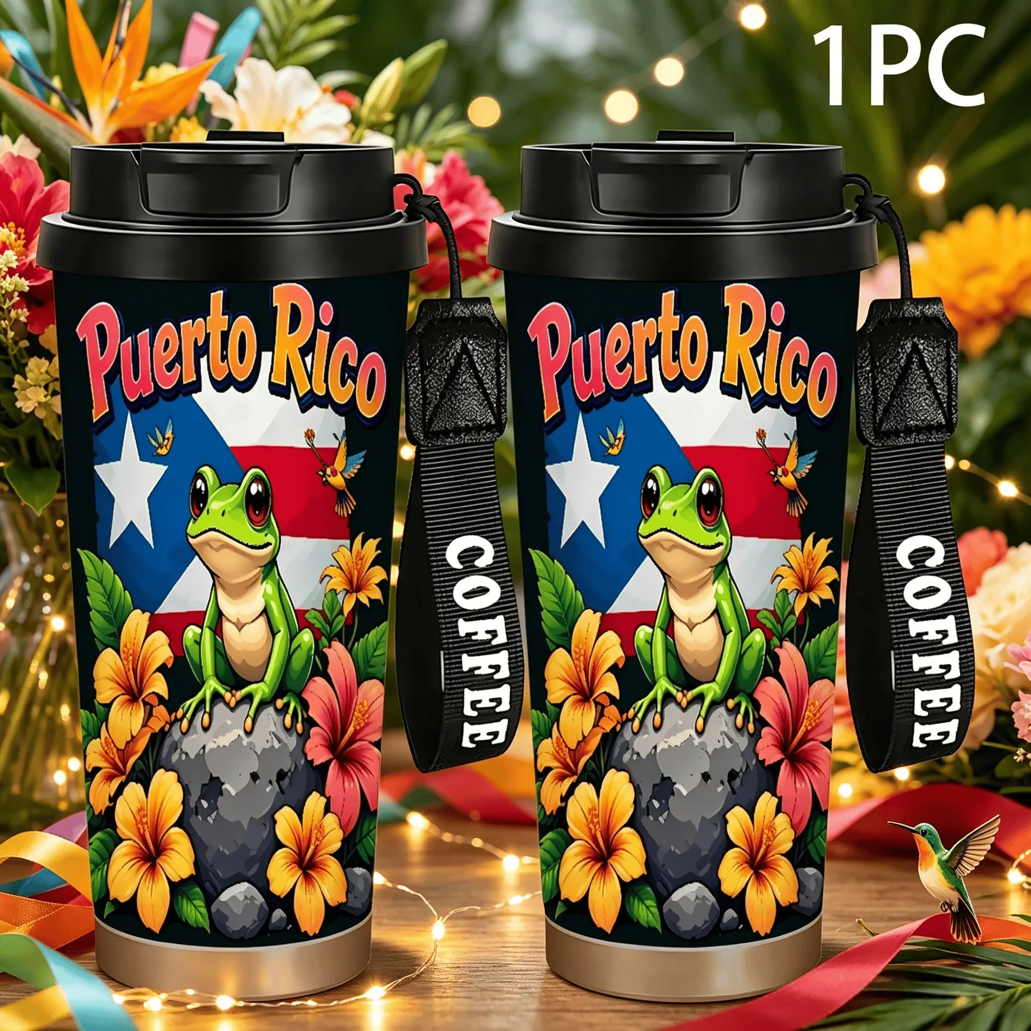 1pc 18/20oz Portable Stainless Steel Travel Coffee Mug (18ozWith COFFEE Printed Lanyard Strap), Vibrant Puerto Rico Coqui Frog Hibiscus Flower Puerto Rican Flag Print Vacuum Insulated Leakproof Tumbler,  For Puerto Rican Men Women Coffee Lovers