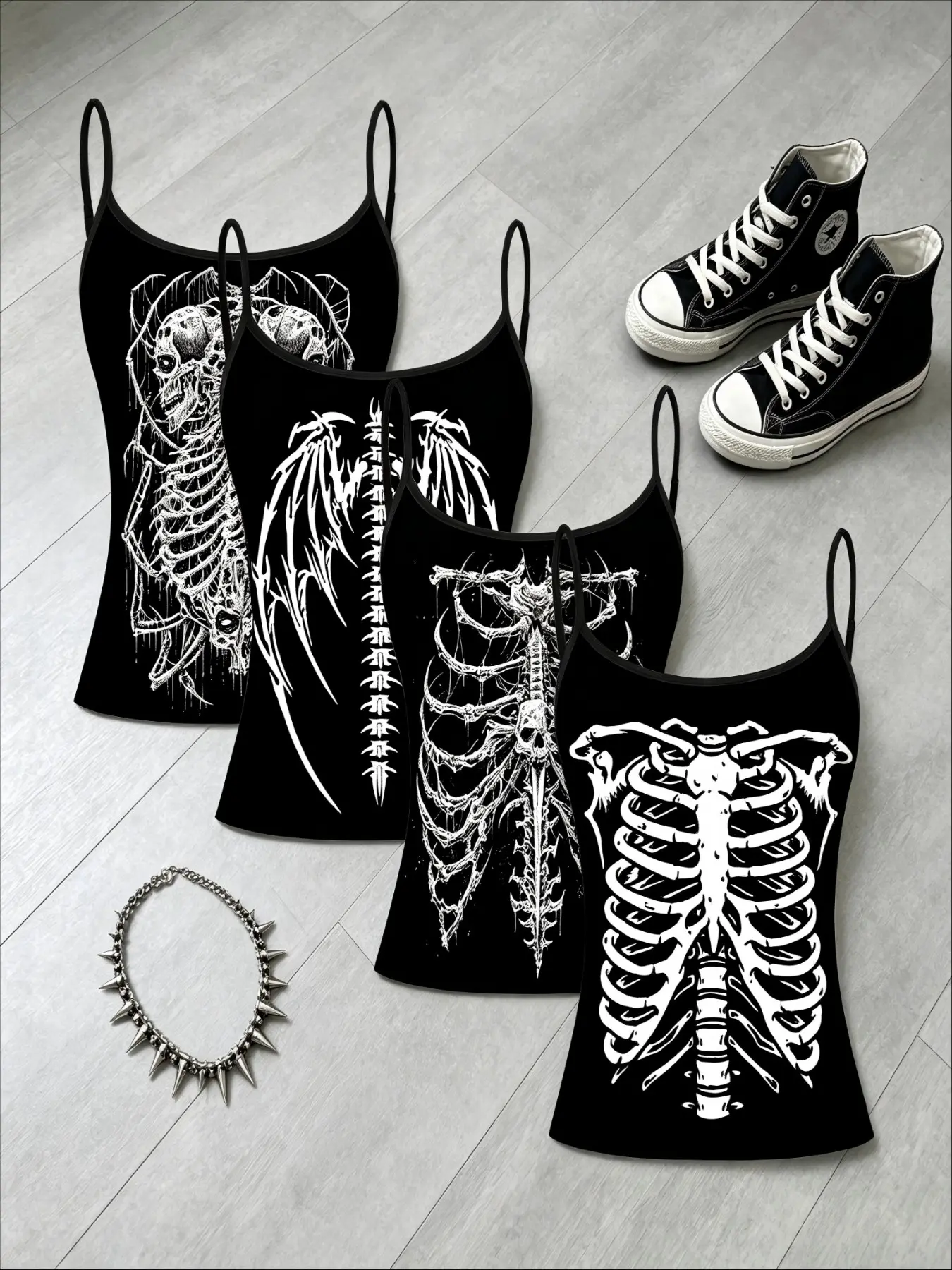 Gothic Skull Skeleton Print Straps, Dark Punk Girl Slimming Top Set of Four, Casual All-Over Print Clothing, Fashionable and Stylish, Garment