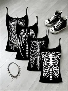 Gothic Skull Skeleton Print Straps, Dark Punk Girl Slimming Top Set of Four, Casual All-Over Print Clothing, Fashionable and Stylish