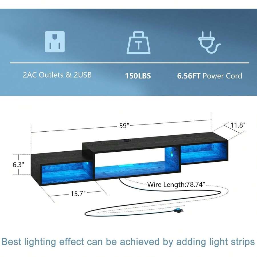 Classic 59" Wall-Mounted TV Stand, Floating TV Shelf with LED Lights and Power Outlet for Cable Box Audio Video, Living Room Bedroom Indoor Furniture (Black/Brown), Wall Mount Classic 59" Wall-Mounted TV Stand, Floating TV Shelf with LED Lights and Power Outlet for Cable Box Audio Video, Living Room Bedroom Indoor Furniture (Black/Brown), Wall Mount