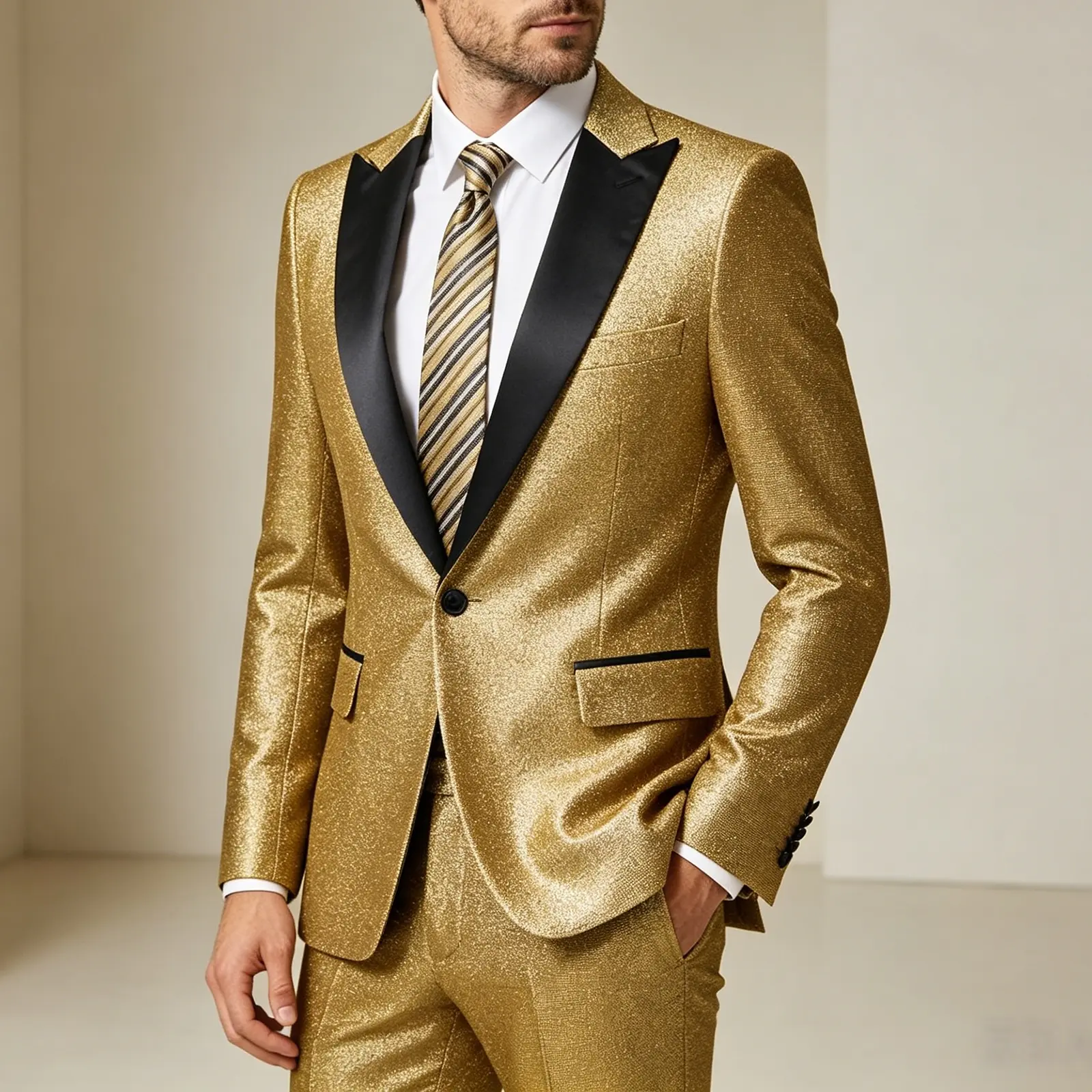 Men's Gold Glitter Fabric Tuxedo Jacket and Pants, 2-Piece Slim Fit Suit, Formal Menswear Clothes for Prom & Weddings, Long Sleeve