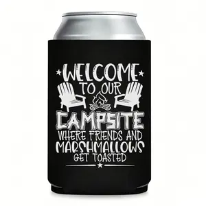 Welcome to Our Where Friends  Funny Lightweight Can Cooler Koozie | Insulated Thermocooler for 12 oz Cans | Perfect Campfire Party Favor, Camping Gift & Bonfire BBQ Koozies