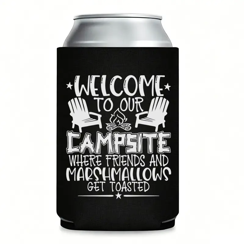 Welcome to Our Where Friends  Funny Lightweight Can Cooler Koozie | Insulated Thermocooler for 12 oz Cans | Perfect Campfire Party Favor, Camping Gift & Bonfire BBQ Koozies