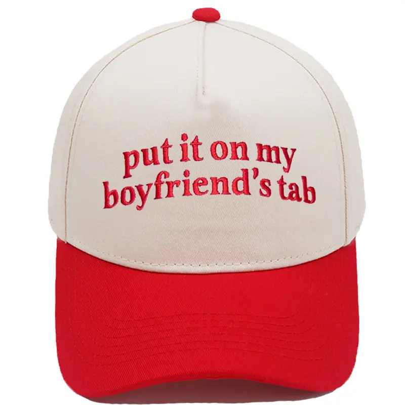Funny "Put It On My Boyfriend's Tab" Embroidered Hat | Retro Aesthetic Two-Tone Snapback Cap for Women | Trendy Graphic Statement Baseball Cap