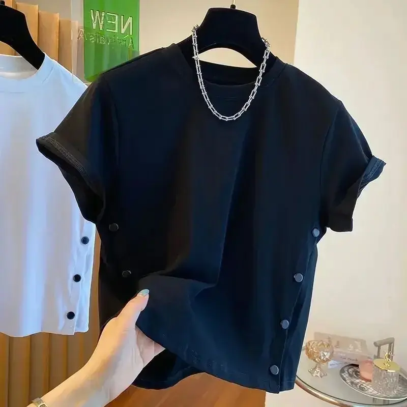 2025 Summer Double Breasted Shirt New Loose Casual Button Slit Round Neck Men's T-Shirt Short Sleeve Blouse Design Trendy Top