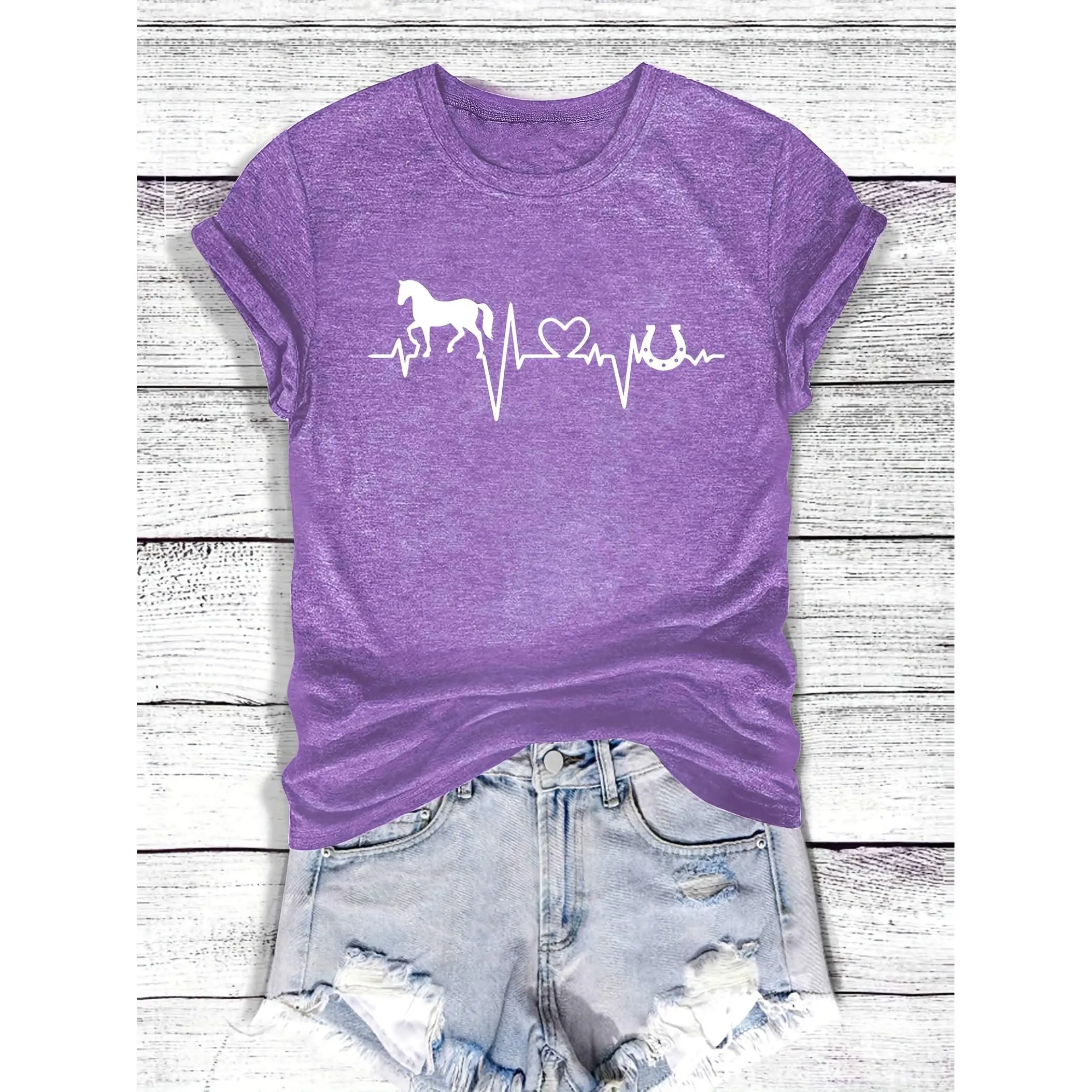 [Equestrian T-Shirt] Vintage White Horse & Equestrian T-Shirt - Short Sleeve Round Neck Casual Blouse, S-XXL, Machine Washable Spring Summer Outfits & Horse Riding Apparel for - Wear (Stock Available)