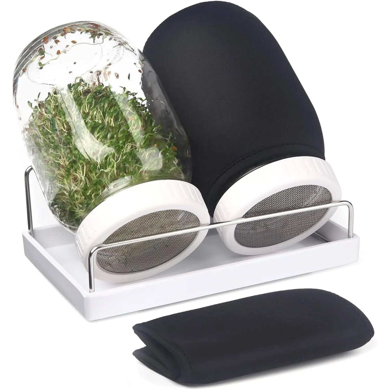 Complete Sprouting Jar Kit 2 Wide Mouth Mason Jars, 316 Screen Sprout Lids, Blackout Sleeves, Tray, Stand Sprouter Set for Growing Broccoli, Alfalfa and More-Seeds not Included