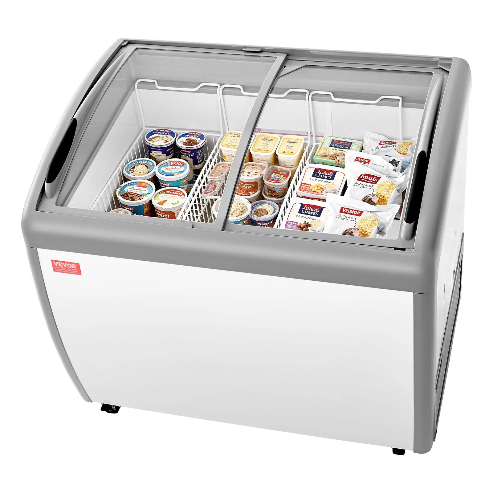 VEVOR Commercial Ice Cream Display Freezer, 9.3 Cu. ft Chest Freezer with 3 Wire Baskets, 2 Sliding Glass Doors, Locking Casters, LED Strip Lighting, -19 to 3 Temp Adjustment & Mobile Design, Sliding Door