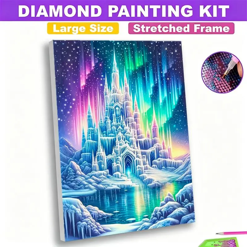 5D DIY Framed Crystal Diamond Painting Cross Stitch Kit - Acrylic Diamond Tiles, Fantasy Iridescent Ice Crystal Castle, Colorful Aurora Borealis, Winter Fairy Tale Art, Christmas Gifts for Adults, Bedroom Decor, Relaxing Hobby Projects