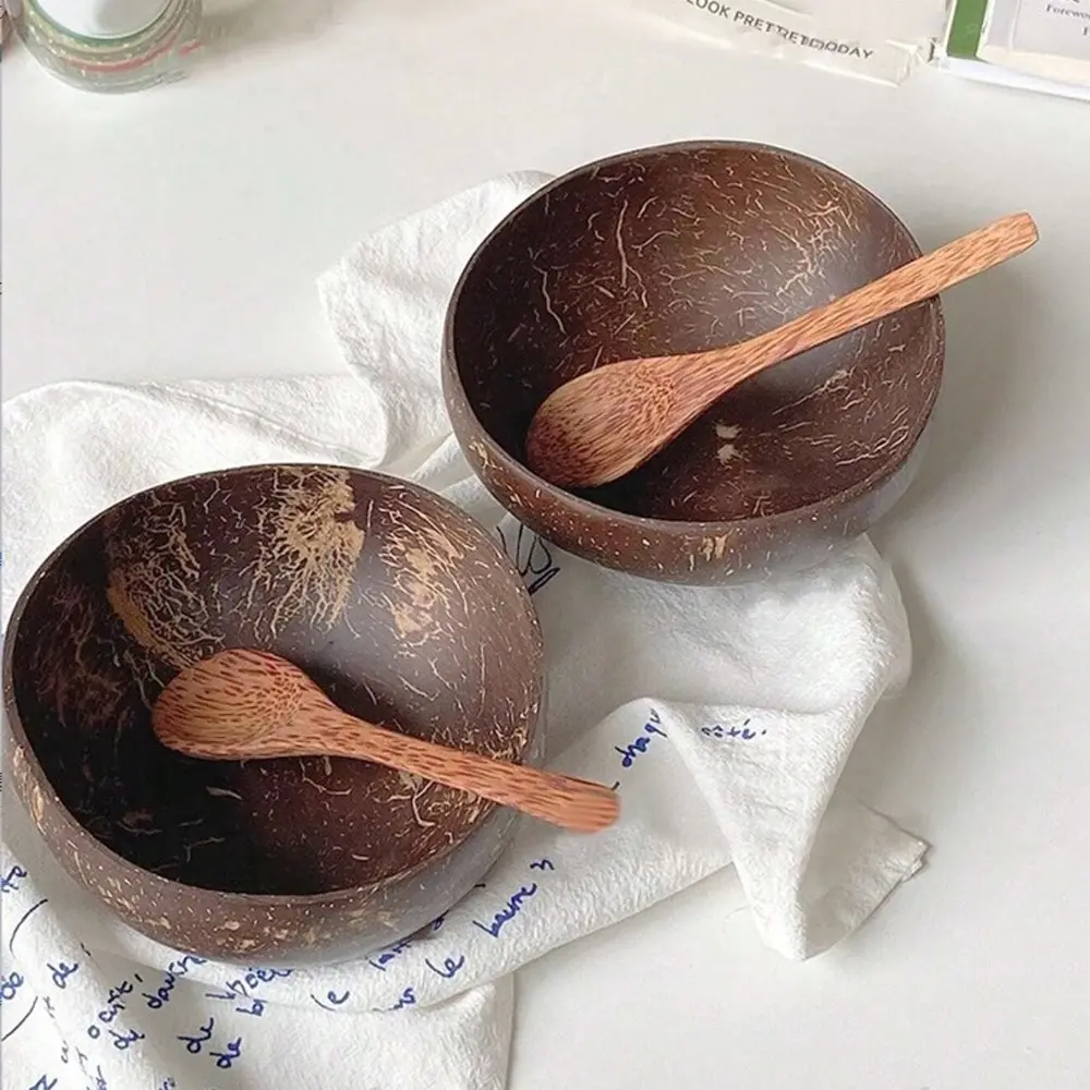 2-Piece Polished Natural Coconut Shell Bowl Set with 2 Coconut Wood Spoons, Eco-Friendly Handmade Eating Bowls, Salad Bowls, Serving Bowls, Kitchen Bowls, Dinnerware Gift Box