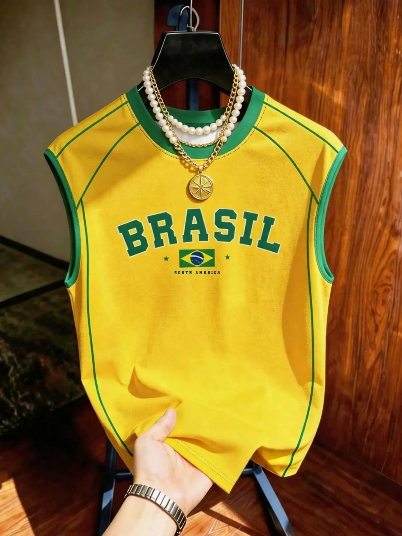 Men's Round Neck Tank Top, Brazilian Print, Casual Short Sleeve Jersey, Comfortable Fashion Tee, All Seasons, Outdoor & Party Wear