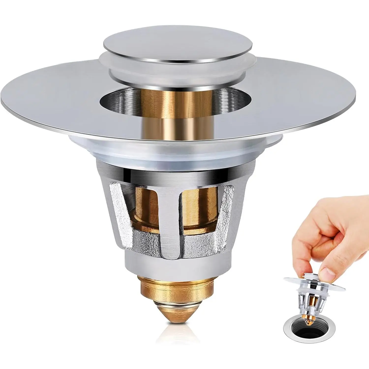 Brass Metal Sink Stopper with Hair Catcher |  Bathroom Drain Strainer | Anti Clog Filter Basket, Polished Chrome, Fit for 1.08-1.5 Inch Sink Drain Hole