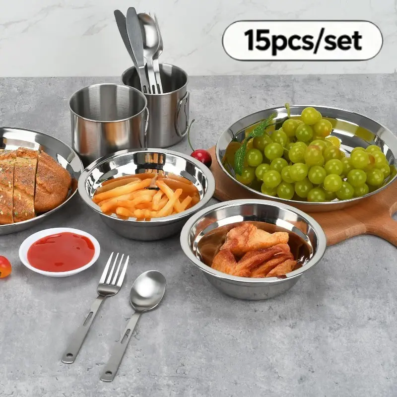 15-Piece Stainless Steel Outdoor Ready Camping Cookware Set - Compact Backpacking Kits with Plates, Bowls, Cups, Forks, Spoons, Knives for Hiking, Picnic, Compact Set