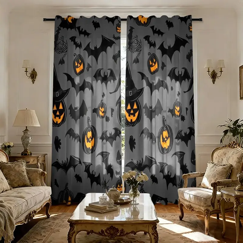 2 pieces of high-definition digital Halloween pumpkin and bat printed decorative curtains. They can be hand-washed or machine-washed, hung with a pole bag. Suitable for bedroom and living room decoration. Window curtain