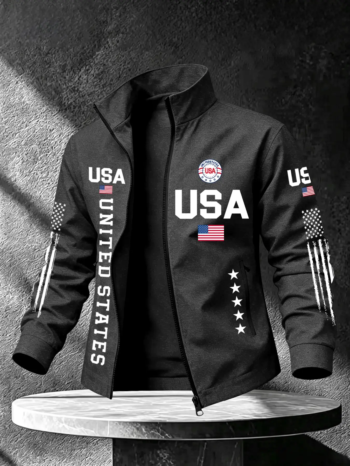 Men's Stand Collar Usa Letter Flag Print Jacket, Zipper Closure, Casual Comfortable Outerwear, Suitable for Various Occasions
