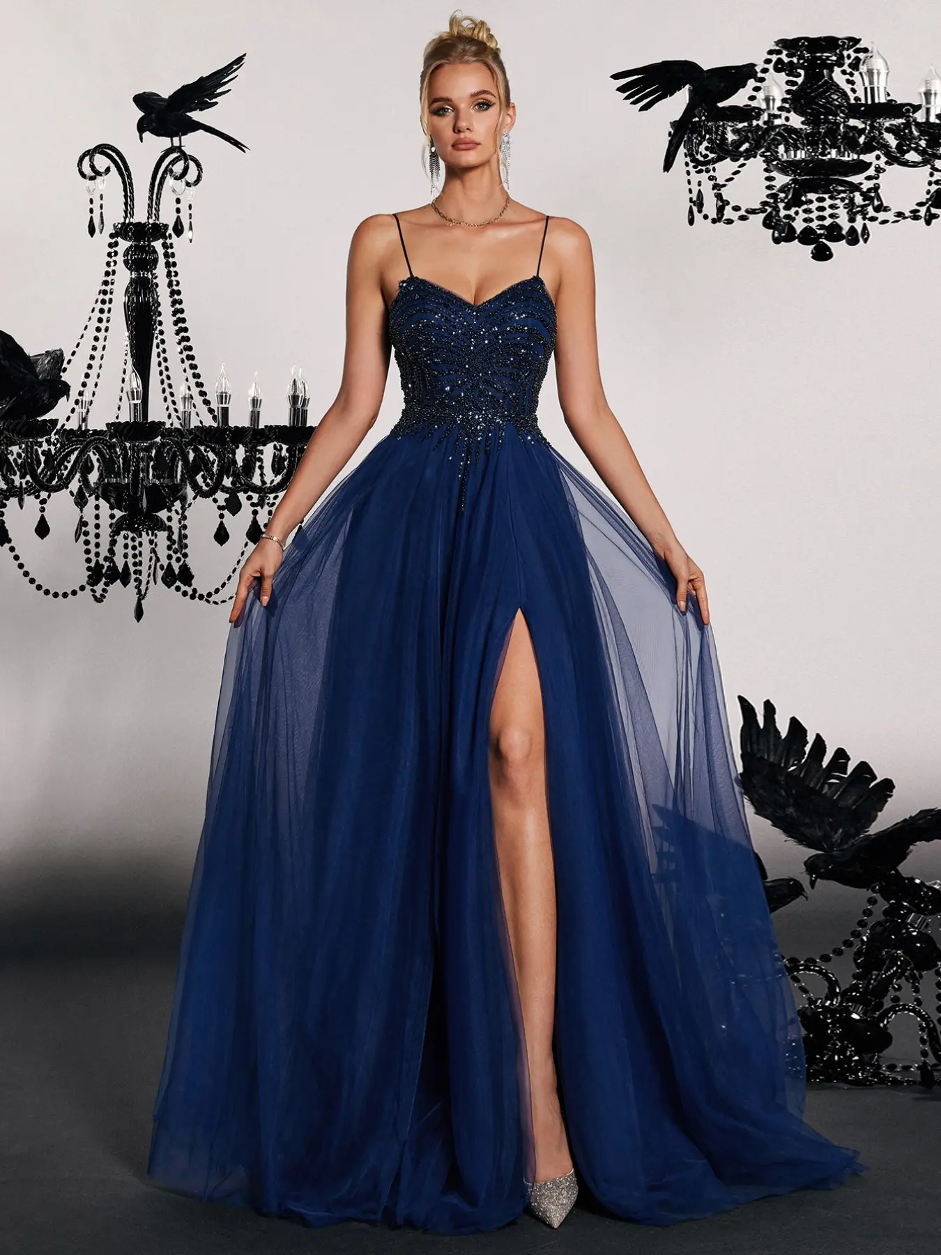Elegant Beaded Sheer High Slit Strapless Women Evening Gown, Shimmering Long Formal Dress, Luxurious Ball Gown, A-Line Party Dress, Wedding Guest Wear