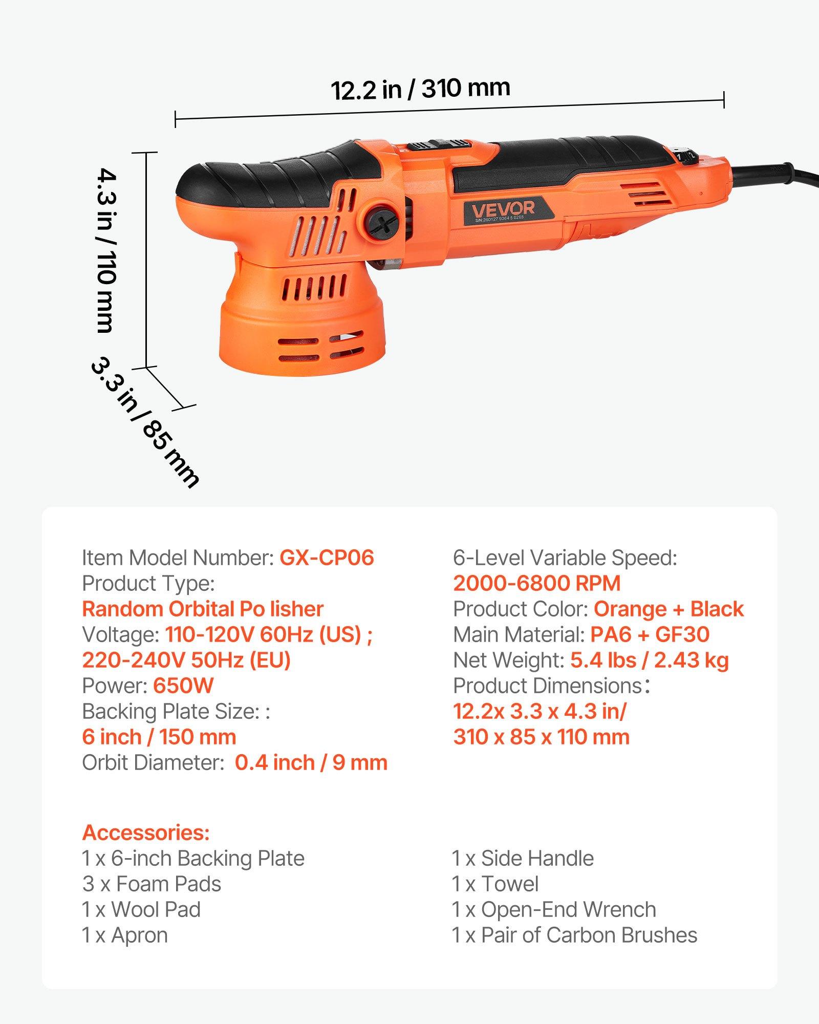 VEVOR Car Buffer Polisher, 6-Inch Dual Action Polisher Buffer Waxer, 650W 6 Variable Speeds 2000-6800RPM Random Orbital Polisher Kit for Cars Detailing, Waxing, Polishing VEVOR Car Buffer Polisher, 6-Inch Dual Action Polisher Buffer Waxer, 650W 6 Variable Speeds 2000-6800RPM Random Orbital Polisher Kit for Cars Detailing, Waxing, Polishing