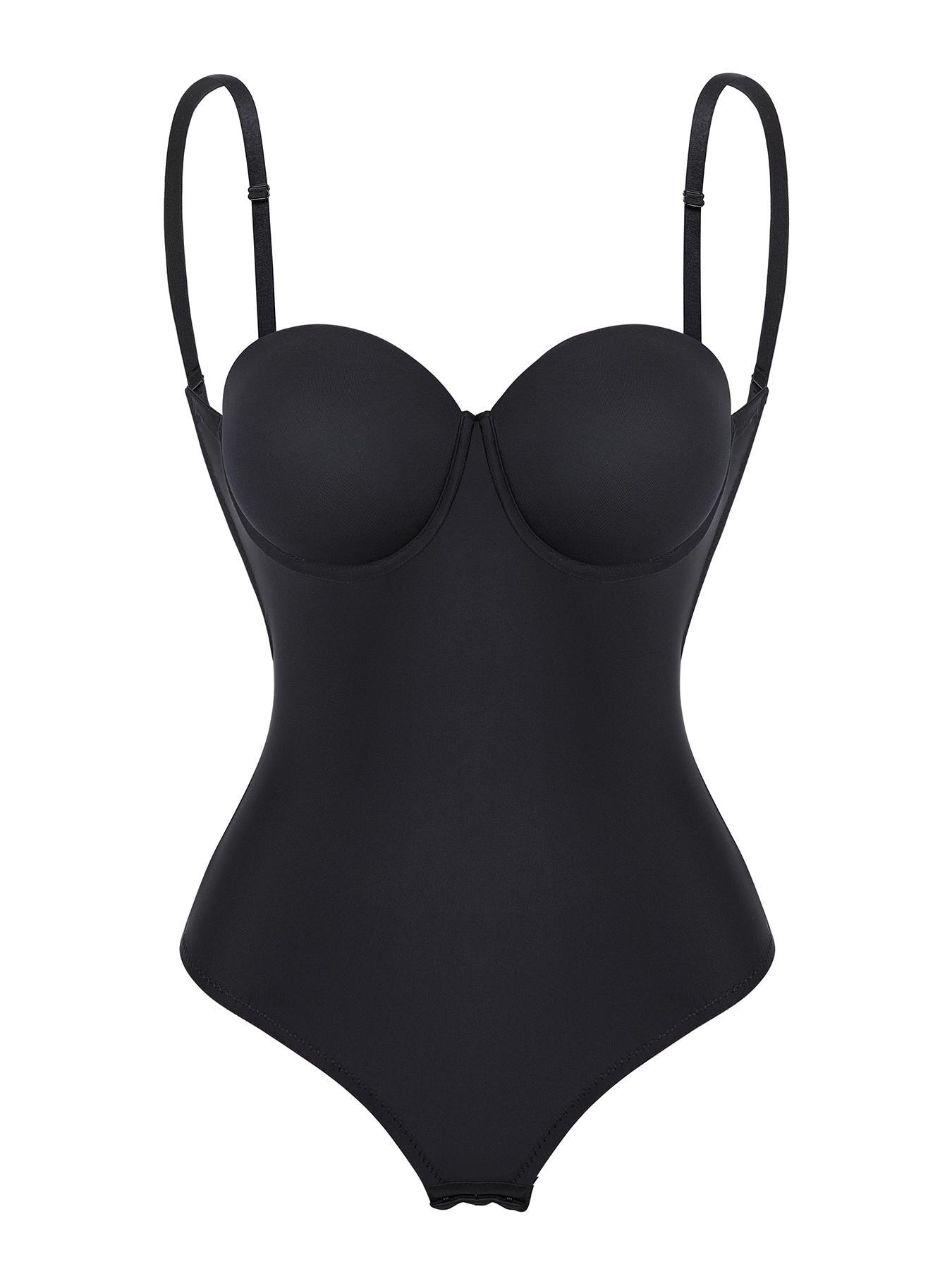 Women's Solid Backless Hook Eye Design Shapewear Bodysuit, Adjustable Strap Hollow Out Padded Bodysuit, Smooth High Stretch Fit Tummy Control Shaper for Daily Wear