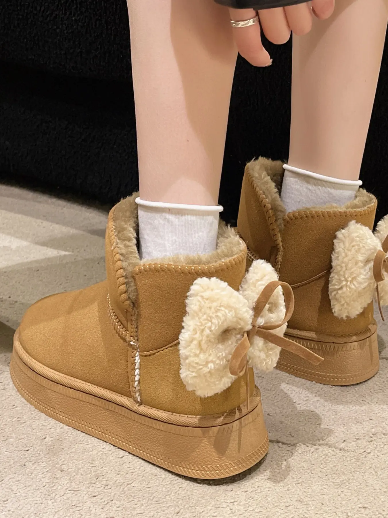 Women's Thick Sole Winter Snow Boots, Fuzzy Bow Decoration, Lined Warm Short Ankle Boots, Cute Short Boots for Cold Weather