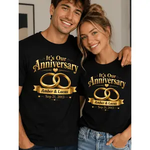 180g[100%cotton]1pc Couples Matching Anniversary Shirt |   Custom Name And Date, 100%, Casual Crew Neck, Short Sleeve, Heat Transfer Printing, Ideal for Wedding, Engagement, Valentine'S Day Gifts for Men And Women, S-XXXL