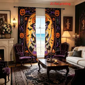2-piece set of retro gothic Halloween curtains, semi blackout polyester fabric, skull witch pumpkin print, full of mysterious holiday atmosphere