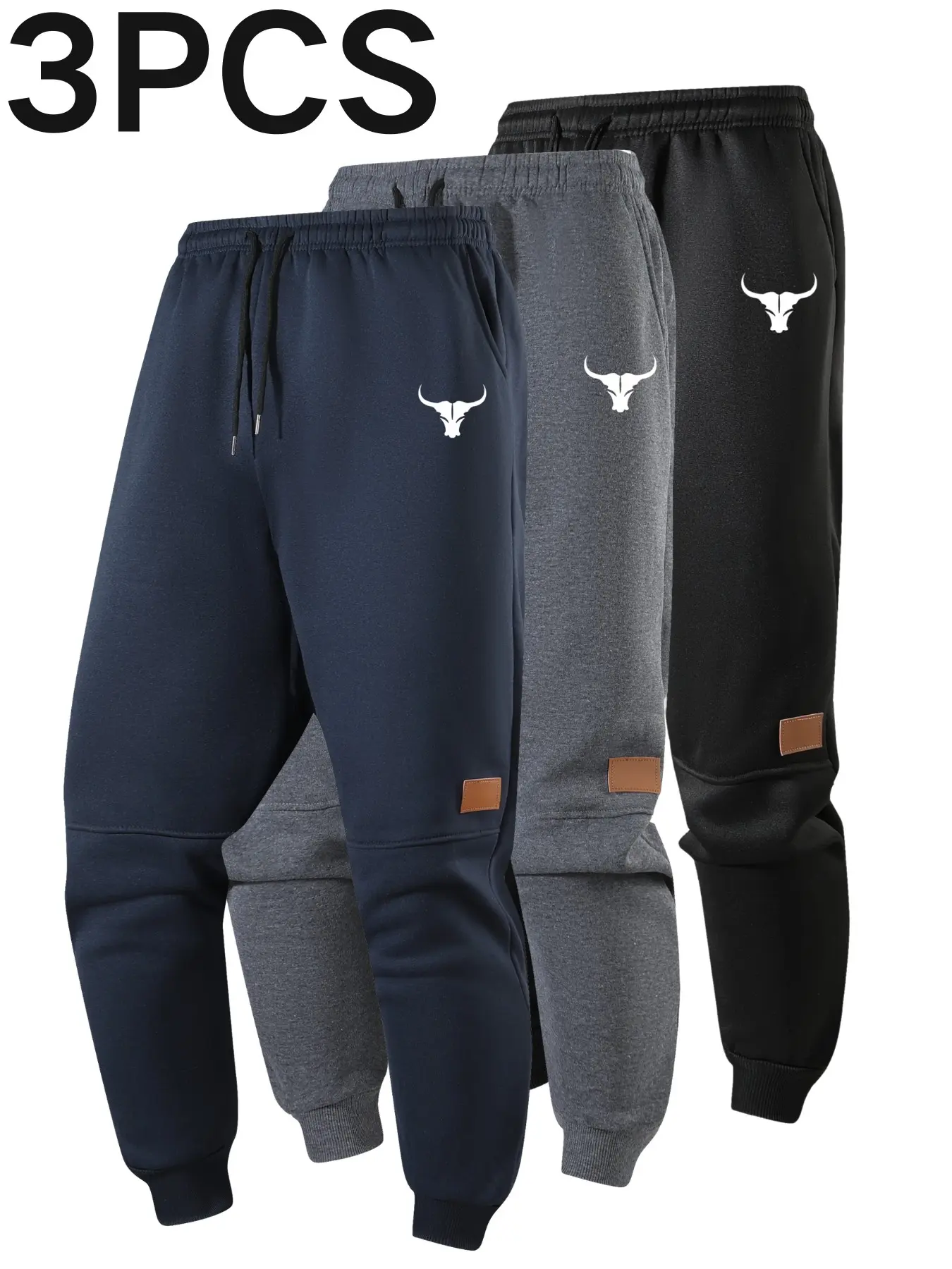 3 PCS Men Bull Head Print Jogger Pants Elastic Drawstring Leather Label Casual Sweatpants Set