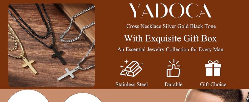 YADOCA Cross Necklace for Men - 14K Plated Gold Silver Black Plated Stainless Steel Layered Cross Chain Crucifix Necklace Cuban Link Herringbone Chain Box Chain Cross Pendant Fashion Jewelry Gifts 16 18 20 22 24 Inches
