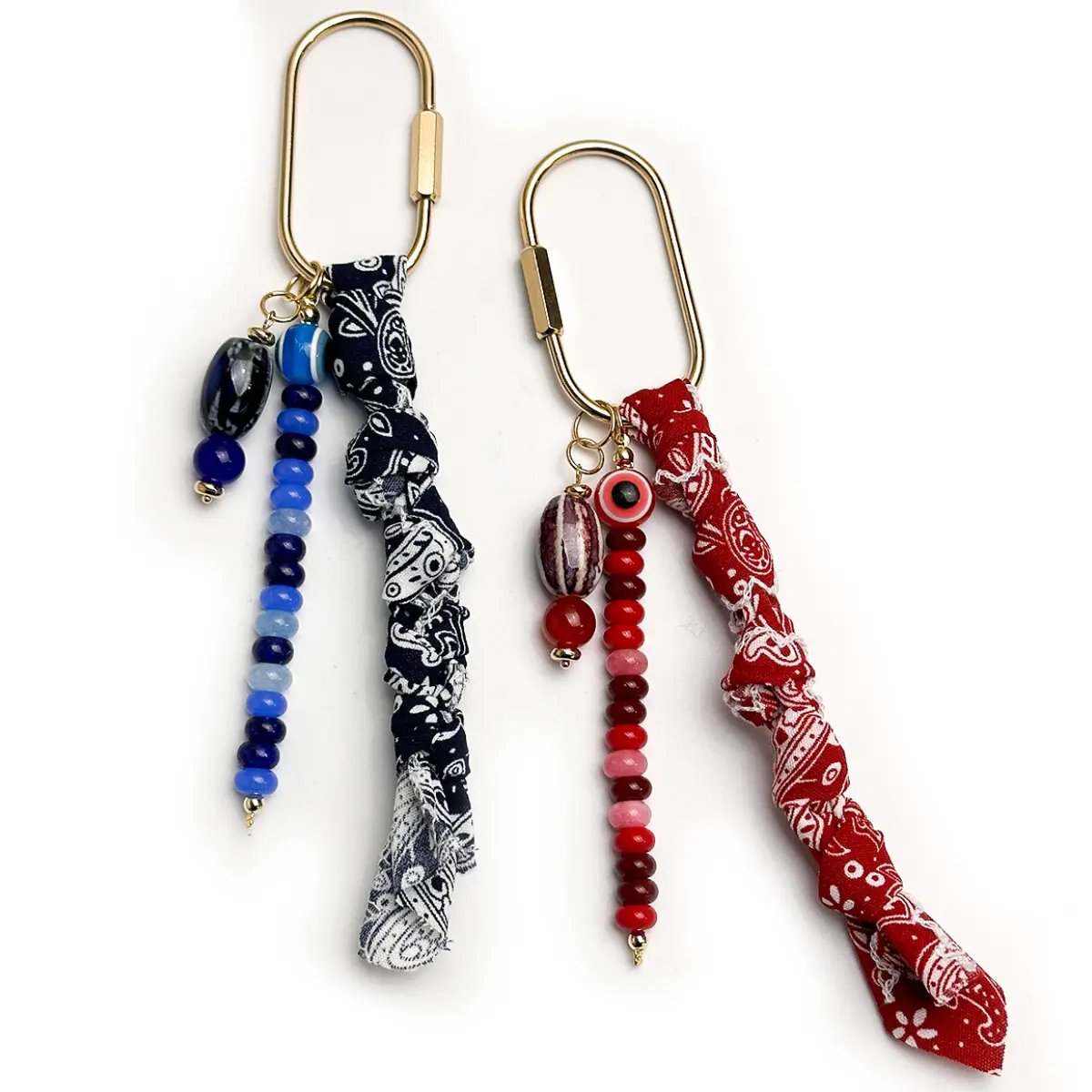 Women's Casual Everyday Durable Boho Paisley Bandana Keychain - Fabric Knot Pendant with Evil Eye Crystal Beads, Wrist Lanyard, Brass Carabiner for Sports & Outdoor Camping Hiking Hammock Use, Other, No, Brass Clip