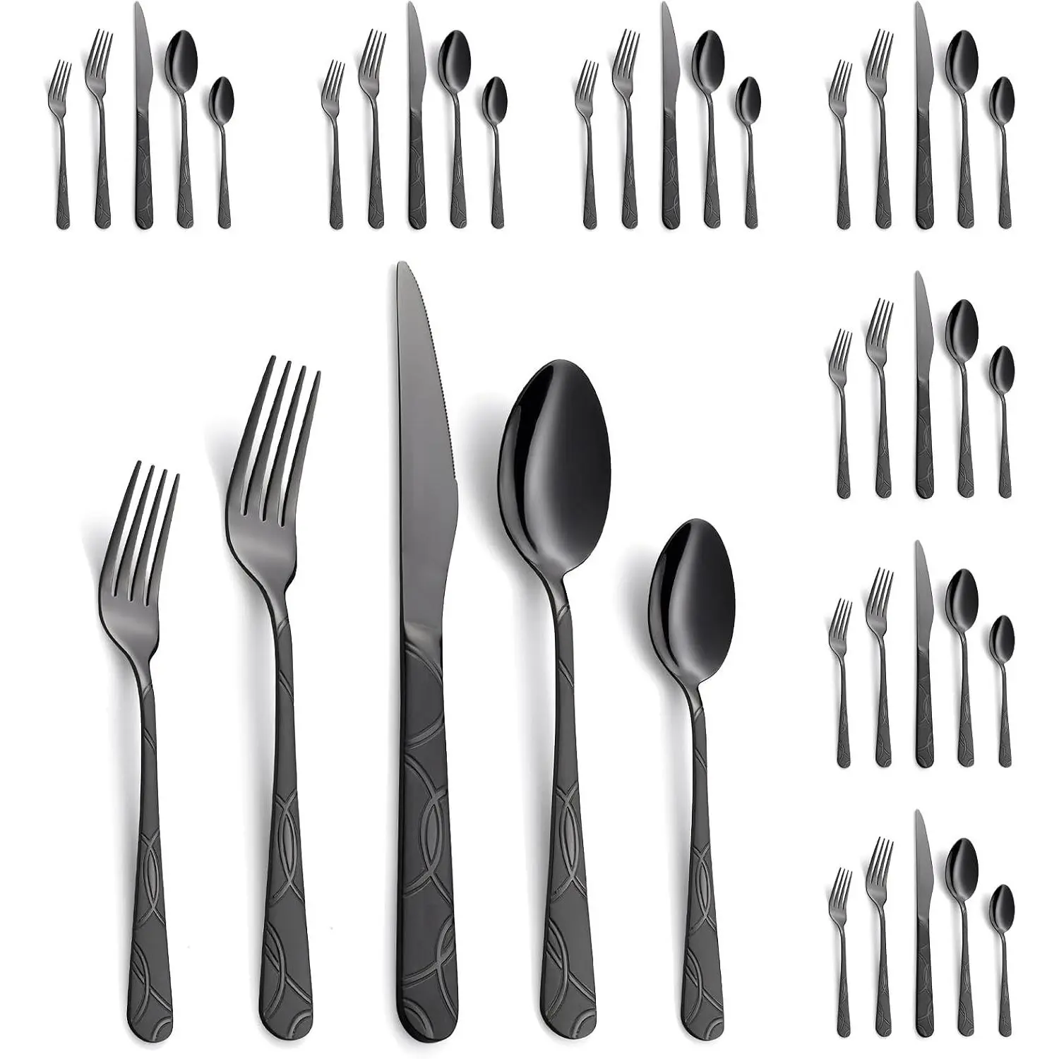 40-Piece Black Flatware Set, Stainless Steel Cutlery Set Service for 8, Frost Finish Mirror Polished Silverware Includes Knife Fork Spoon Set, Dishwasher Safe