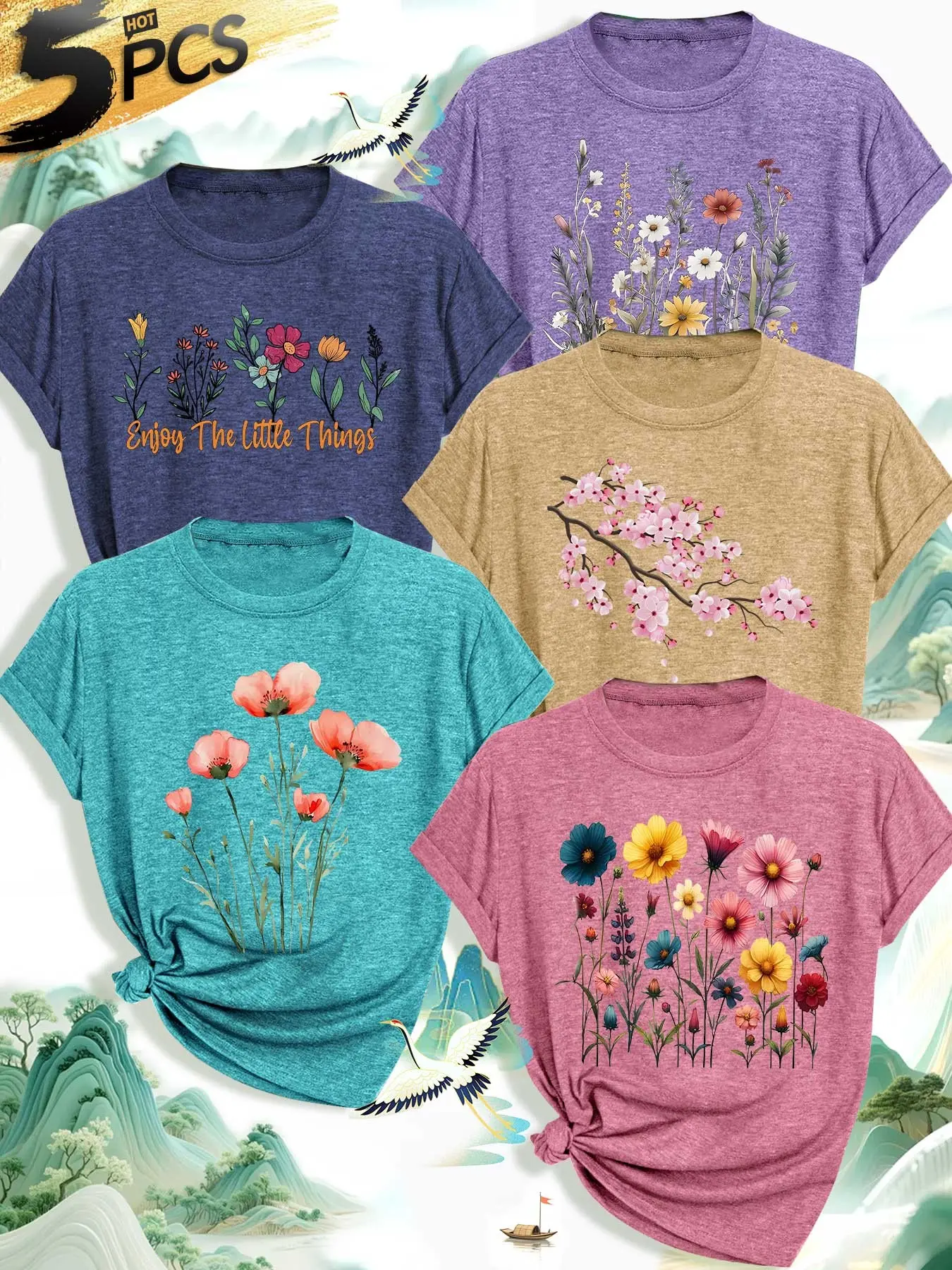 Five-Piece Wildflower Cherry Blossom Print Women's Round Neck T-Shirts, Soft Skin-Friendly Fabric, Casual Fashion Top