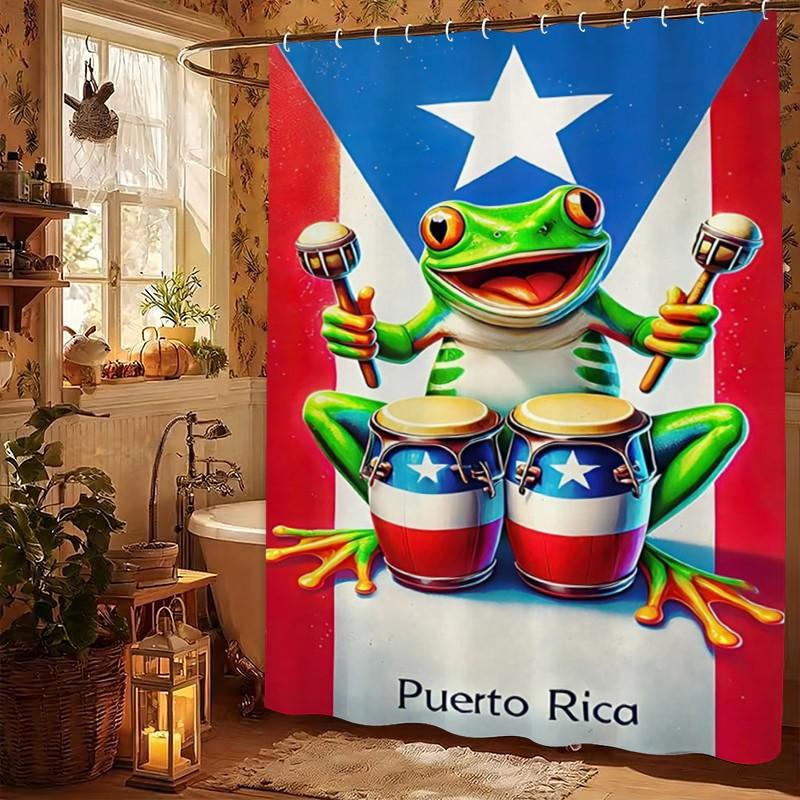 Puerto Rican Theme Cartoon Tree Frog Shower Curtain Set, Polyester Fabric, Fog-Resistant, Modern Home Decor, Includes Bathroom Mats