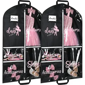 2 Pack Dance Garment Bag for Hanging Clothes with Zipper Pockets Dance Accessories Essentials Uniform Costume 40 Inch Dress Bags for Dance Competition Girls (Black,Pink)