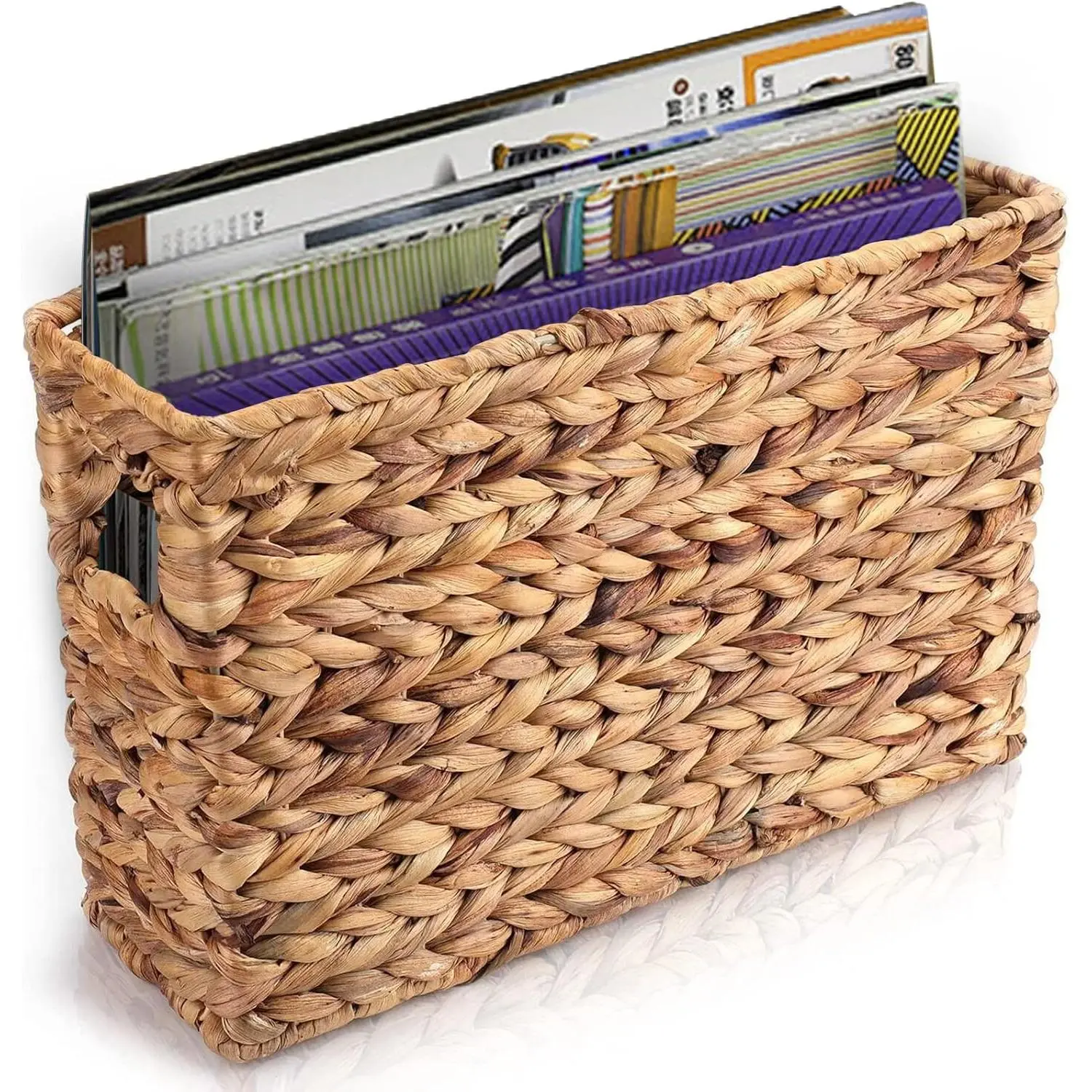 Hand-Woven Narrow Water Hyacinth Holder Wicker Basket, 15.5 x 5.5 x 9.75 Inch Decorative Magazine Storage Basket Bin for Home, Office, Desk