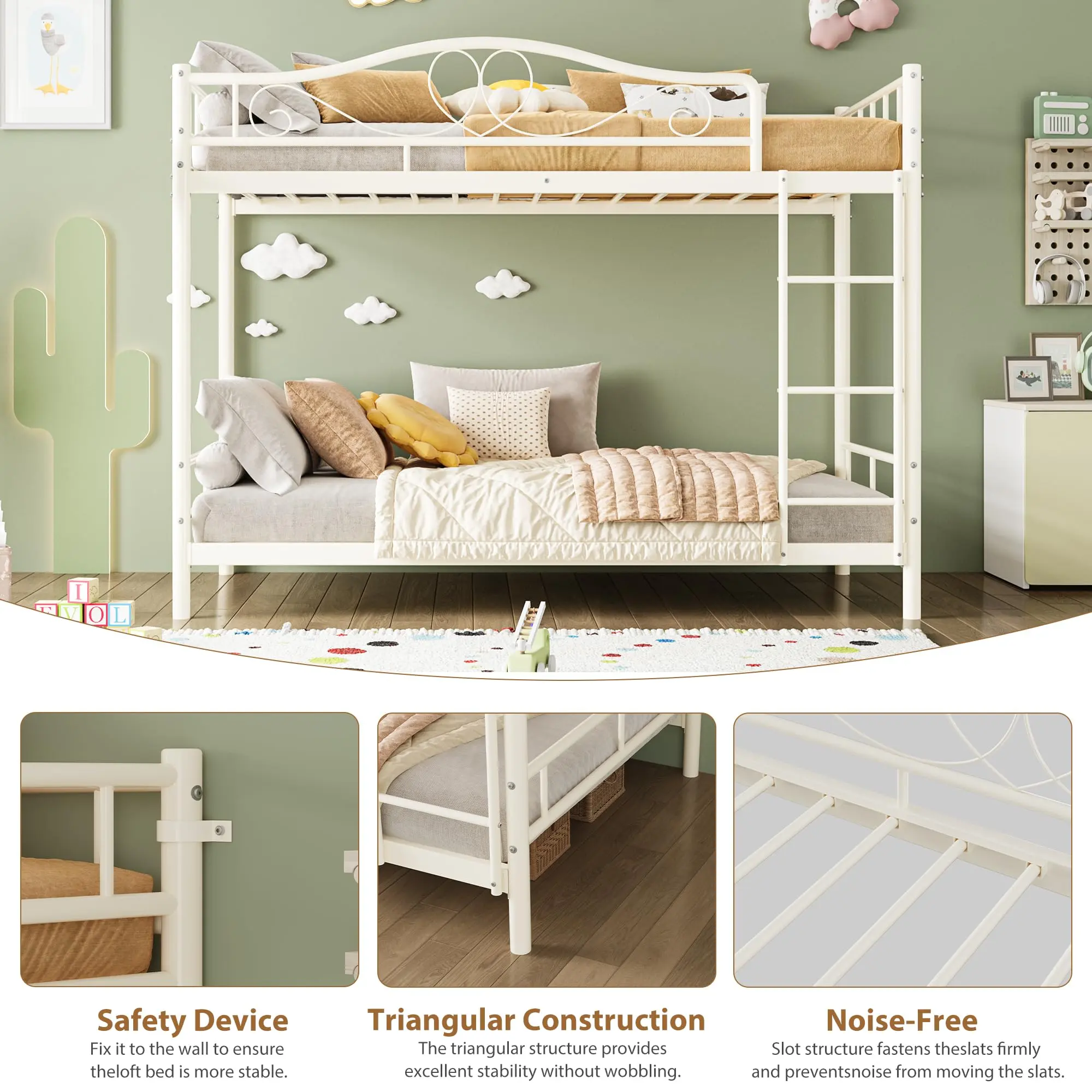 Garvee Twin Over Twin Metal Bunk Bed with Full Safety Guardrail, Ladder - Heavy-Duty Frame, 400lb Capacity, Space-Saving, Noise-Free, No Box Spring Needed, Easy Assembly, Gold