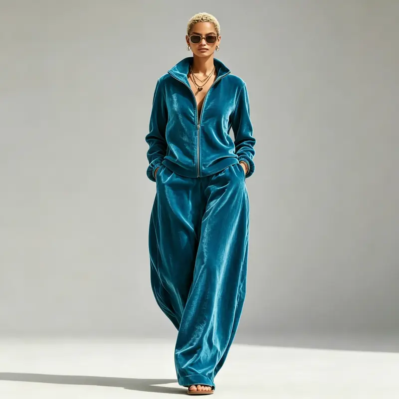 2026 Hot Sale Women Fall Winter Golden Velvet Two Piece Set Stand Collar Loose Trousers Matching Outfit