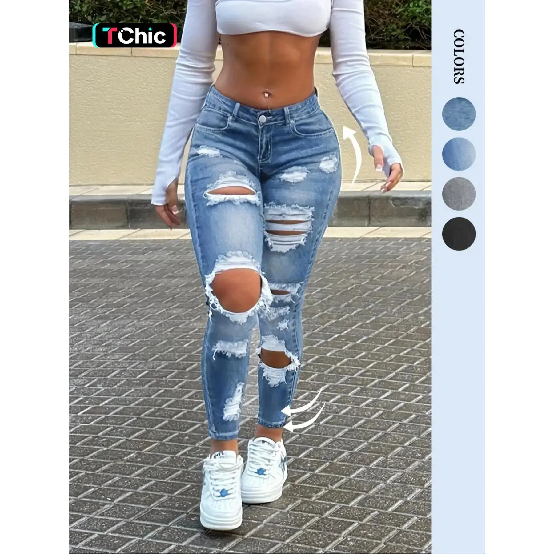 Women's Ripped Denim Jeans Elastic Stretch Long Pants Vintage Washed Above Knee Style Casual Y2K Design for All Seasons everyday essential relaxed fit stretchy denim urban style vintage wash casual street