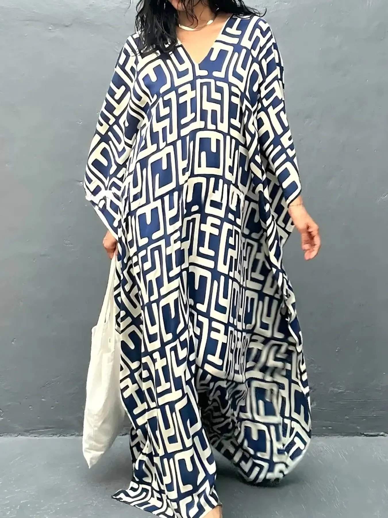 Makabo Women's Kaftan Long Robe, V-Neck Printed Home Sleep Dress, Colorful Beach Cover-Up, Swimsuit Coverup, Swimsuit Outerwear, Vacation Long Robe